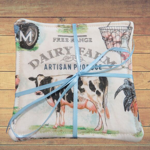 Fabric Coasters Set Of 4 Cows, Chickens, Farm Reversible Country Floral Mug Rugs - Picture 1 of 7
